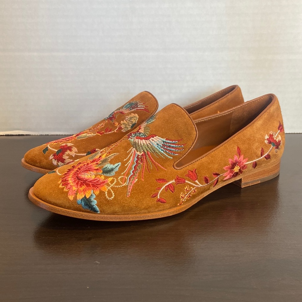 New Johnny Was Freja Embroidered Cognac Suede Leather Loafers Size 6 - Picture 3 of 16